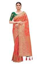 Banarasi Silk Blend Zari Woven Work With Tussles Saree and Embroidered Work Blouse-2023