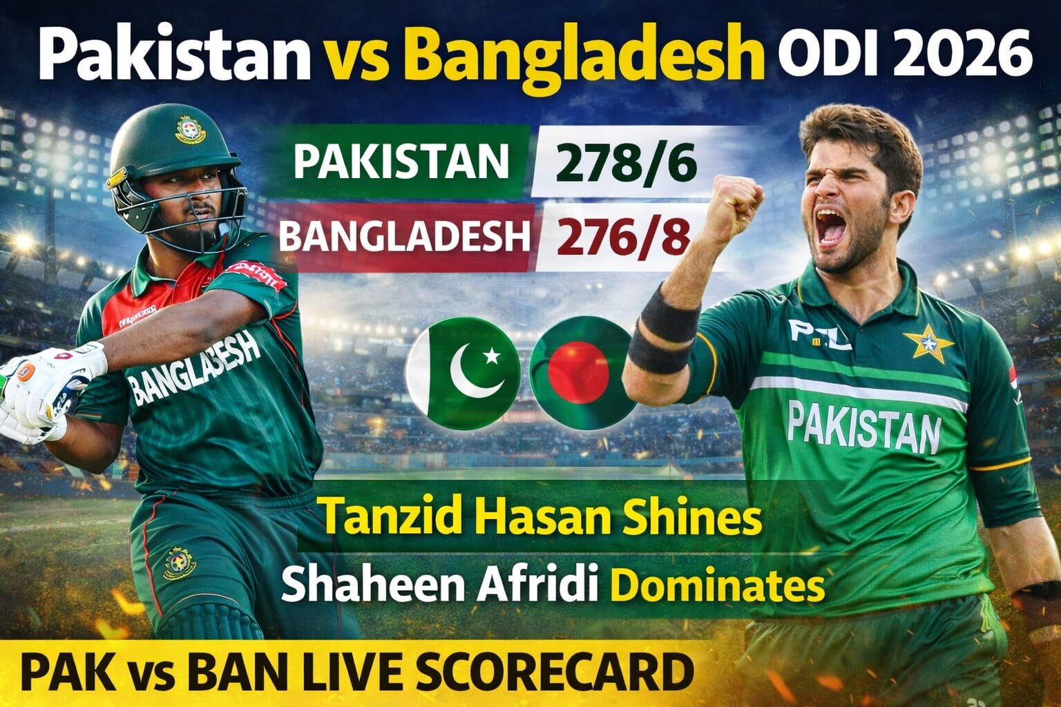 Pakistan vs Bangladesh ODI 2026: Tanzid Hasan Shines While Shaheen Afridi Dominates – Full PAK vs BAN Live Match Report